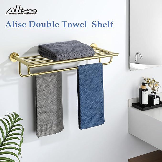 Alise 24 inch Towel Shelf with Double Towel Bars,Towel Rack for Bathroom,SUS 304 Stainless Steel Wall Mount Towel Holder Storage,Brushed Gold,GYT7060-G - ModernBath