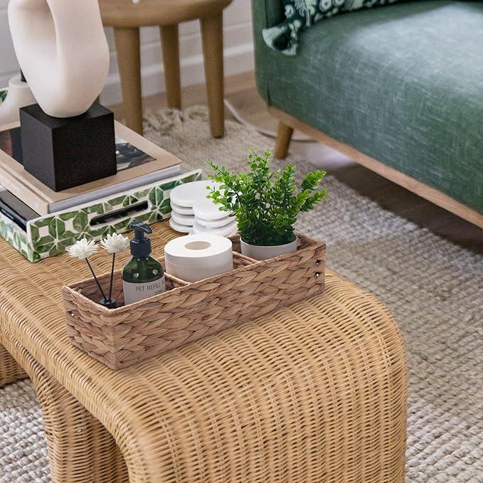 Water Hyacinth Toilet Tank Basket for Toilet Paper Rolls Wicker Baskets for Shelves Tampon Storage for Bathroom 3 Dividers (Large Compartment 16.5inch x 5.5inch x 3.5inch) - ModernBath