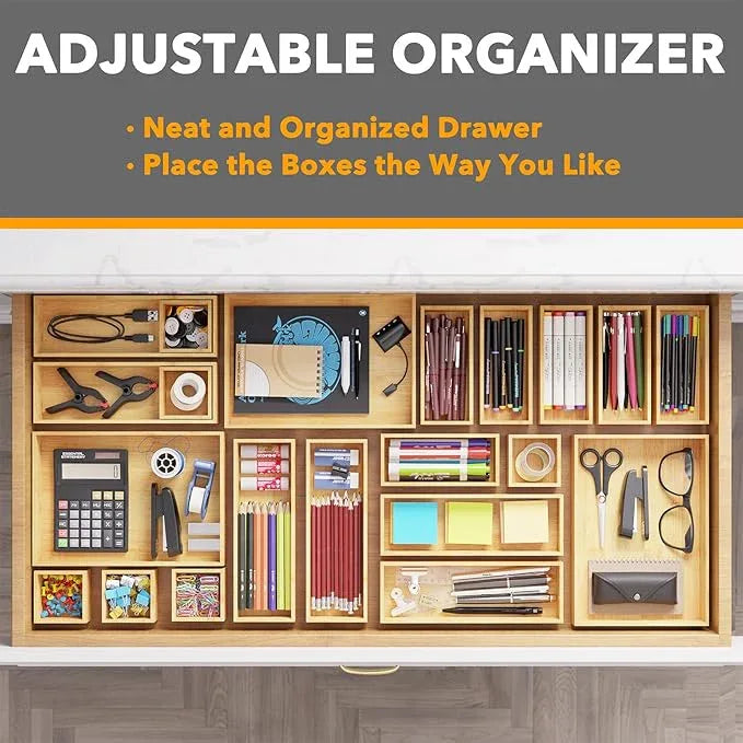 SpaceAid 21-Piece Bamboo Drawer Organizer Storage Boxes Set, Wood Tray Junk Drawer Organizers Multi-Use Divider Bins for Kitchen, Bathroom, Office Desk and Makeup Organization (21 Pack, Natural) - ModernBath
