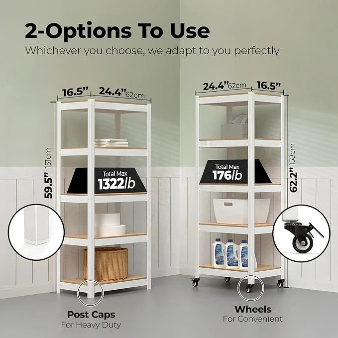 HOMEDANT House 5-Tier Metal Rolling Cart Shelf Rack Casters Heavy Duty Laminated Wheel Shelving Unit Adjustable Utility Storage Shelves Organizer Shelf Kitchen Garage (1, (S) 24.4" W, White) - ModernBath