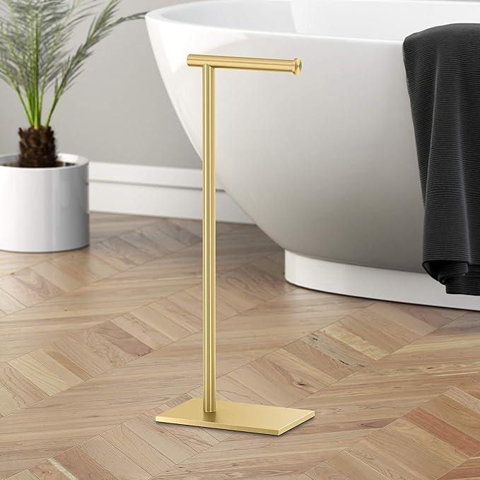 Gatco 1431B, Modern Rectangle Base Freestanding Toilet Paper Holder, 22.25”, Brushed Brass/Free Standing Toilet Tissue Holder Stand with Weighted Base - ModernBath