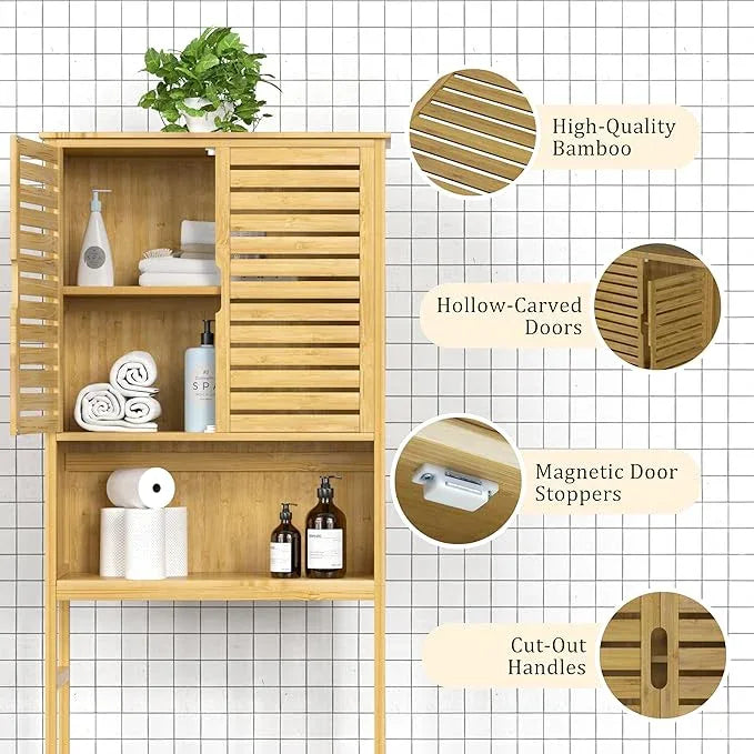 VEIKOU Over The Toilet Storage Cabinet, Bamboo Over Toilet Storage with Removable Shelf, Bathroom Freestanding Over The Toilet Storage with Open Storage, Natural - ModernBath