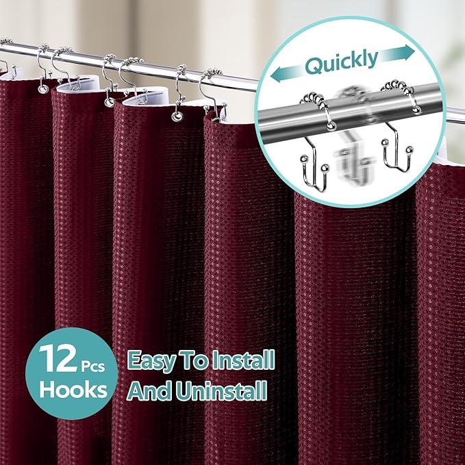 Vipfree 3 in 1 Shower Curtain Set, Waffle Shower Curtain and Liner Set with 12 Double Sided Shower Curtain Hooks, 258GSM Luxury Weighted Cloth Shower Curtains for Bathroom, 72 W x 72 H, Burgundy - ModernBath