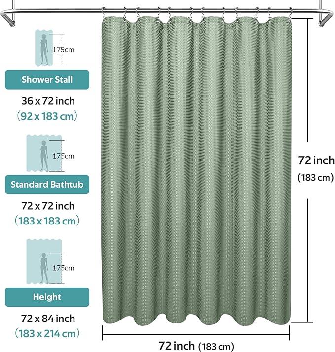 Vipfree 3 in 1 Shower Curtain Set, Waffle Shower Curtain and Liner Set with 12 Double Sided Shower Curtain Hooks, 258GSM Luxury Weighted Cloth Shower Curtains for Bathroom, 72 W x 72 H, Sage Green - ModernBath