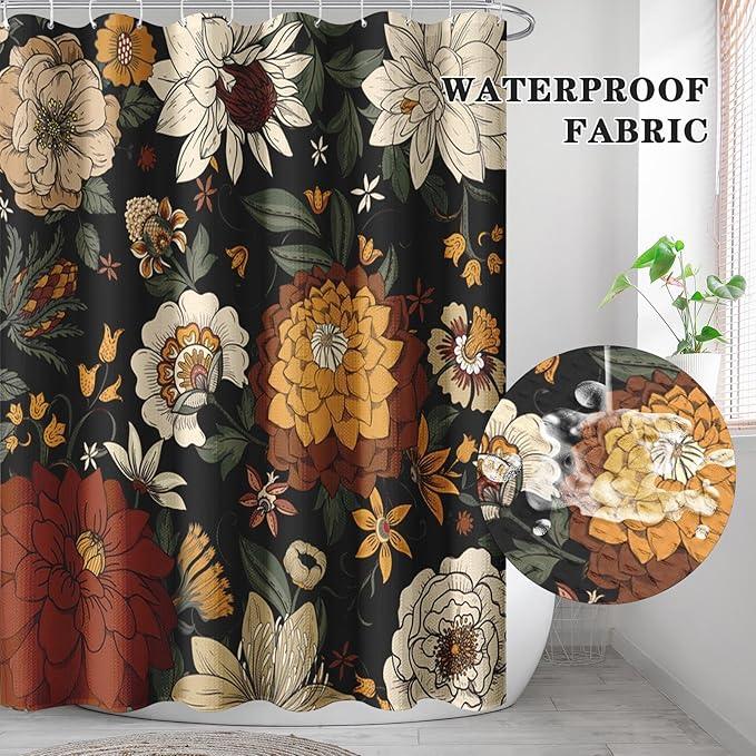Culudea Boho Floral Black Shower Curtain Set, Vintage Flower Peony Plant Bathroom Window Waffle Textured Cloth Waterproof Shower Curtains for Bathroom Decor - ModernBath