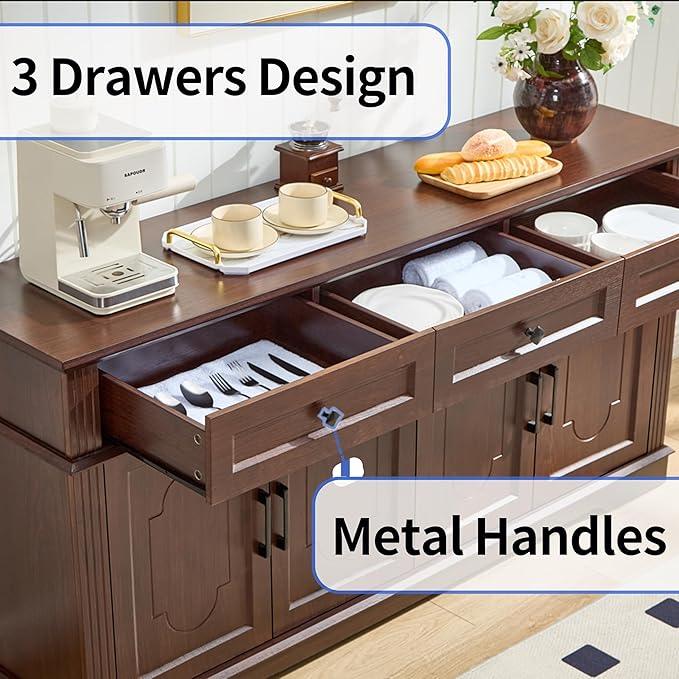 63" Buffet Sideboard Cabinet with 4 Doors and 3 Drawers, Modern Farmhouse Kitchen Storage Cabinet, Coffee Bar Cabinet with Adjustable Shelves, Kitchen Living Room Storage, Dining Room Cherry - ModernBath