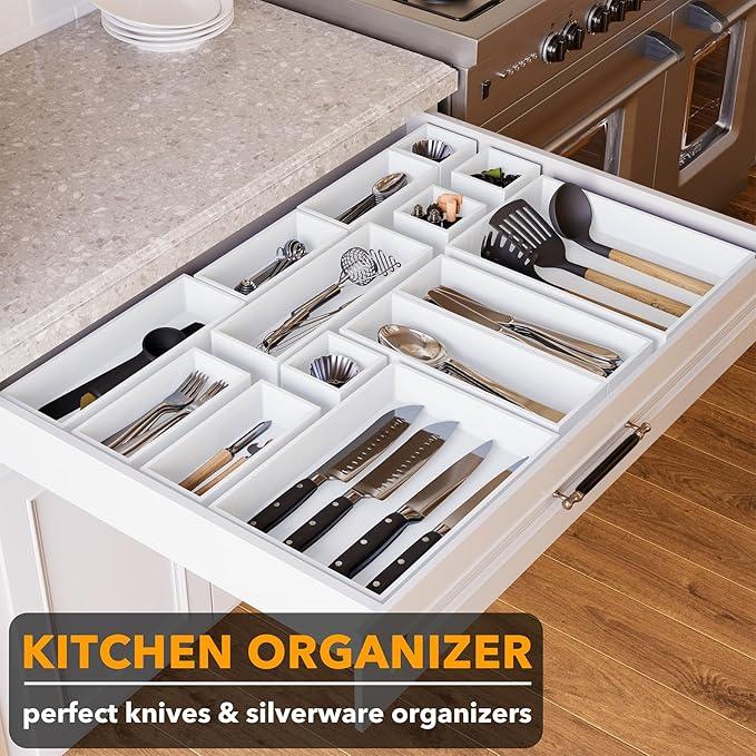 SpaceAid 14-Piece Bamboo Drawer Organizer Storage Boxes Set, Wood Tray Junk Drawer Organizers Multi-Use Divider Bins for Kitchen, Bathroom, Office Desk and Makeup Organization (14 Pack, White) - ModernBath
