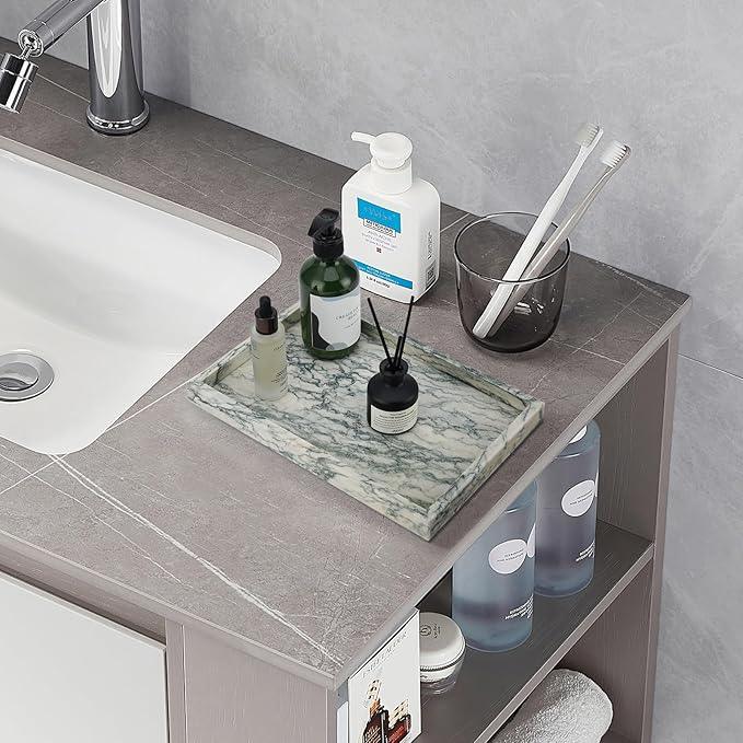 Zilukar Real Natural Marble Tray for Bathroom, Vanity, Kitchen and Desktop, Rectangle Genuine Marble Stone Tray for Jewelry, Cosmetics, Candles, Lotion, Perfume (Cyan-Green, 12" x 8" x 1.2") - ModernBath