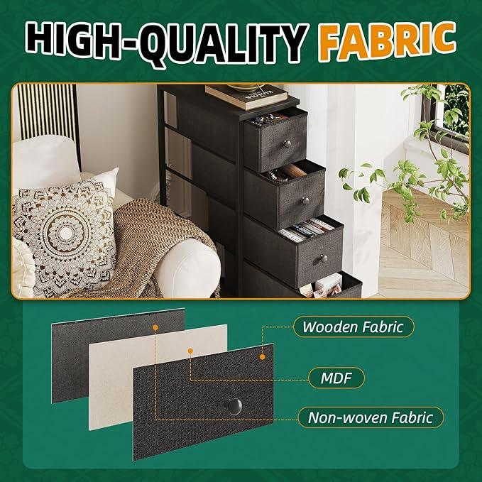 Narrow Dresser, 19" Wide Narrow Nightstand Dresser Storage Tower with 5 Drawers, Slim Fabric Dressers Chest of Drawers for Small Spaces, Wood Top & Fabric Bins for Bedroom Bathroom Closet (Black) - ModernBath