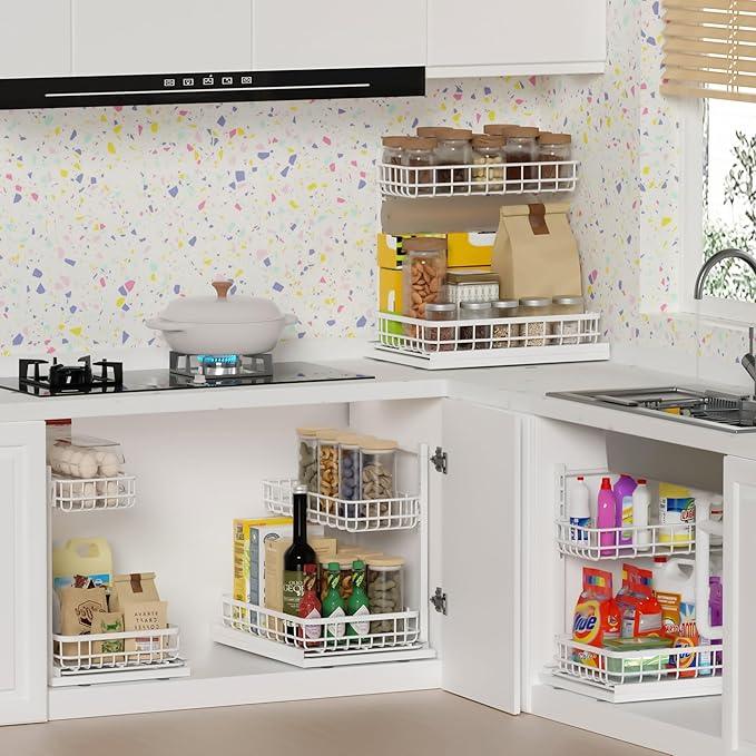 Under Sink Organizer, Adjustable Height Pull-Out Kitchen Storage Organization,15.8" x 11.8" x 16.5",2-Tier Kitchen Shelf,Bathroom Drawer Organizer, White - ModernBath