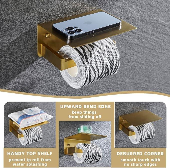 Angle Simple Toilet Paper Holder with Shelf, 304 Stainless Steel Bathroom Tissue Roll Holder for Wall, Brassy Gold - ModernBath