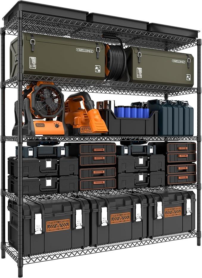 5 Tiers Storage Shelves Load 3300LBS, Metal Shelving Wire Metal Shelving Unit Shelves for Storage Adjustable Garage Shelving for Pantry Kitchen Garage Black 17.7" D x 59.1" W x 70.4" H - ModernBath
