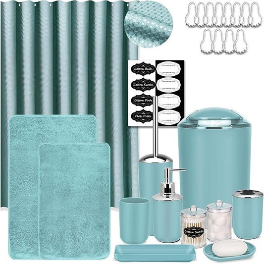 IMAVO Blue Bathroom Accessories,Non Slip Absorbent Bathroom Rugs and Waterproof Shower Curtain with Hooks,Complete Bathroom Set for Bathroom Décor - ModernBath