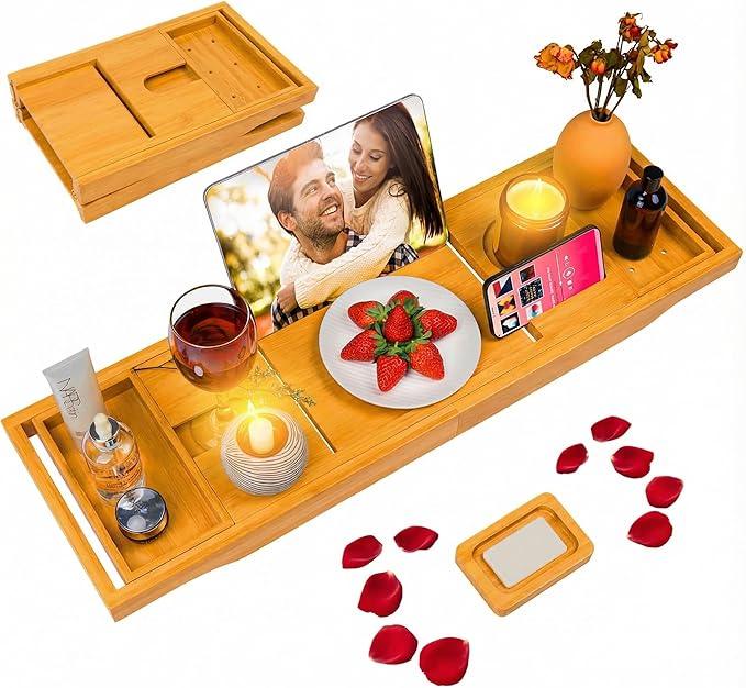 Foldable Bathtub Caddy Tray, Bamboo Bath Tub Tray Table for Tub with Wine Glass Holder Book Phone Tablet Holder with Extending Sides, Adjustable Bathroom Bathtub Free Soap Holder Gift Idea (Beige) - ModernBath