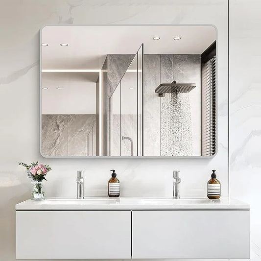 CIVENO 48x36 Inch Silver Bathroom Mirror, Large Rectangular Vanity Mirror, Metal Framed Rectangle Mirrors, Rounded Corner Wall Mounted Mirrors for Living Room Bedroom Entryway Horizontal or Vertical - ModernBath