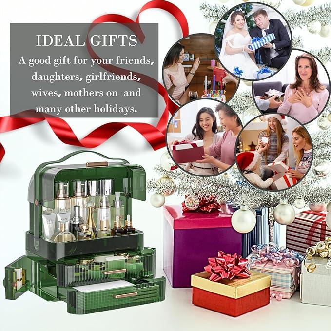 LINFIDITE Cosmetics Storage Box Transparent Lid Large Makeup Organizer Box Drawers Portable Handle Waterproof Dustproof Skincare Display Cases for Countertop, Bathroom, Dresser,Gift Clear Green - ModernBath
