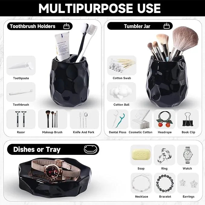 Ceramic Bathroom Accessories Set 4 PCS,Bathroom Toothbrush Holder Set,Soap and Toothbrush Holder Set,Include Toothbrush Holder,Soap Dispenser,Soap Dish,Tumbler,Bathroom Sets Decor Organizer (Black) - ModernBath