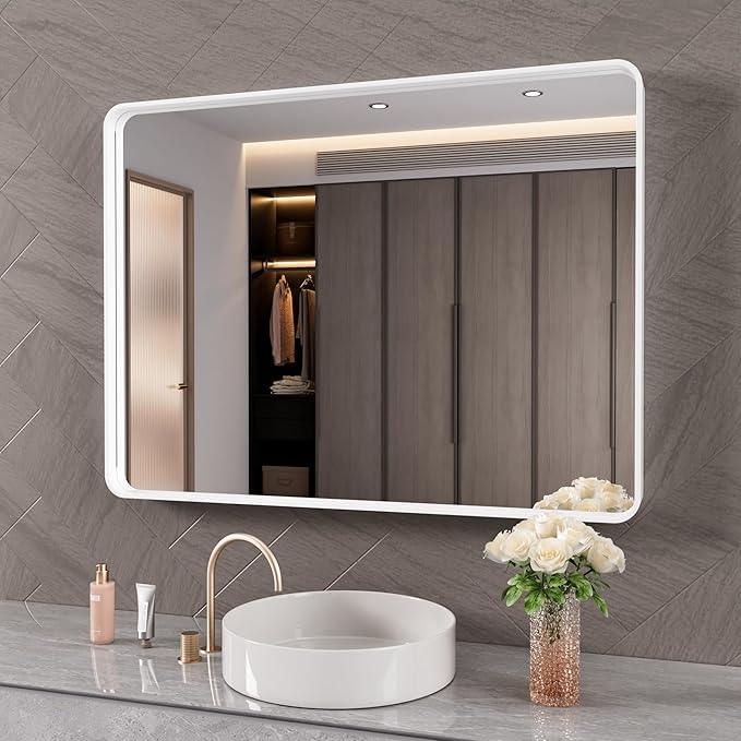 JISOSO White Bathroom Mirror 40x32 Inch, White Metal Framed Bathroom Mirror for Wall, Rounded Rectangle Matte Bathroom Vanity Mirror, Tempered Glass, Anti-Rust, Horizontal/Vertical - ModernBath