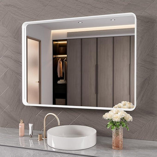 JISOSO White Bathroom Mirror 40x32 Inch, White Metal Framed Bathroom Mirror for Wall, Rounded Rectangle Matte Bathroom Vanity Mirror, Tempered Glass, Anti-Rust, Horizontal/Vertical - ModernBath
