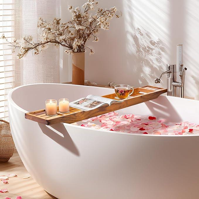 VaeFae Teak Bathtub Tray, Wooden Bath Caddy for Bathtub, Bath Tub Wood Table for Tub, 39.8" x 6" x 1.8" - ModernBath