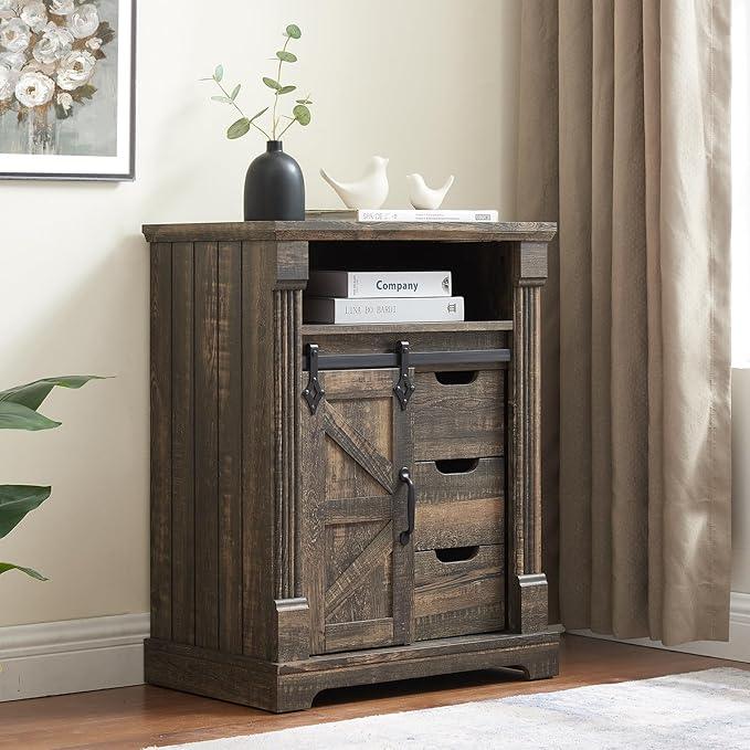 Bathroom Floor Cabinet, Farmhouse Storage Cabinet with Sliding Barn Door, Small Storage Cabinet with Drawer for Bathroom, Kitchen, Living Room, Rustic Style Cabinet (Dark Rustic Oak) - ModernBath