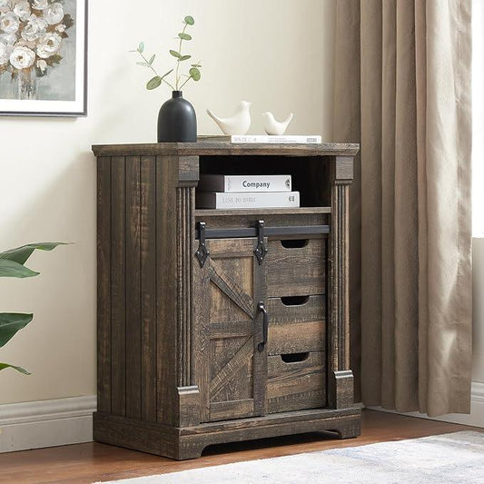 Bathroom Floor Cabinet, Farmhouse Storage Cabinet with Sliding Barn Door, Small Storage Cabinet with Drawer for Bathroom, Kitchen, Living Room, Rustic Style Cabinet (Dark Rustic Oak) - ModernBath