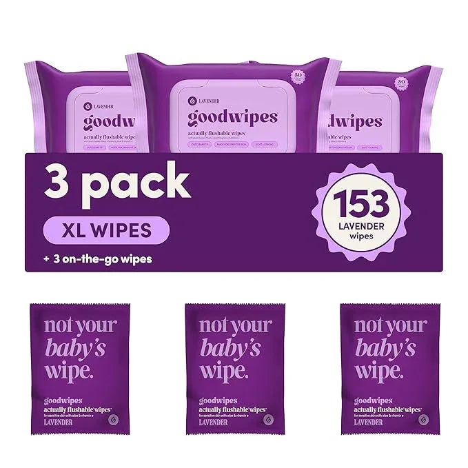 goodwipes Flushable Butt Wipes - Vitamin E & Aloe - Sewer & Septic Safe - Extra Large Adult Wet Wipes For Women & Men - Bathroom Essentials - Lavender, 153 Count (3 Packs + 3 Individually Wrapped) - ModernBath