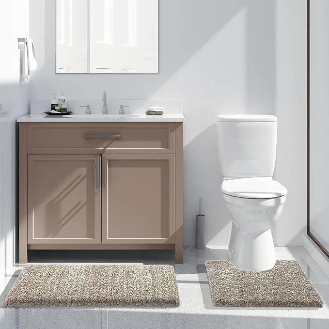 Yimobra Bathroom Rugs Sets 2 Piece, Soft Absorbent Bath Mat and U-Shaped Toilet Rug with Non Slip Backing, Machine Washable, Plush Shaggy Bath Mats for Bathroom, 32"x20"+24"x20", Light Brown and White - ModernBath