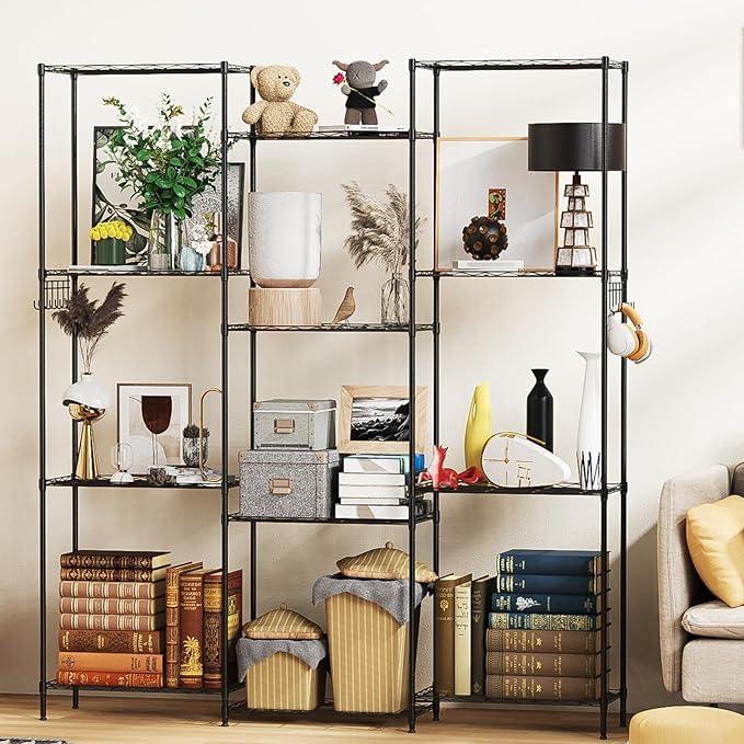 Homdox 6-Tier Storage Shelf Wire Shelving Unit Free Standing Rack Organization Adjustable Leveling Feet, Stainless Side Hooks, Black - ModernBath