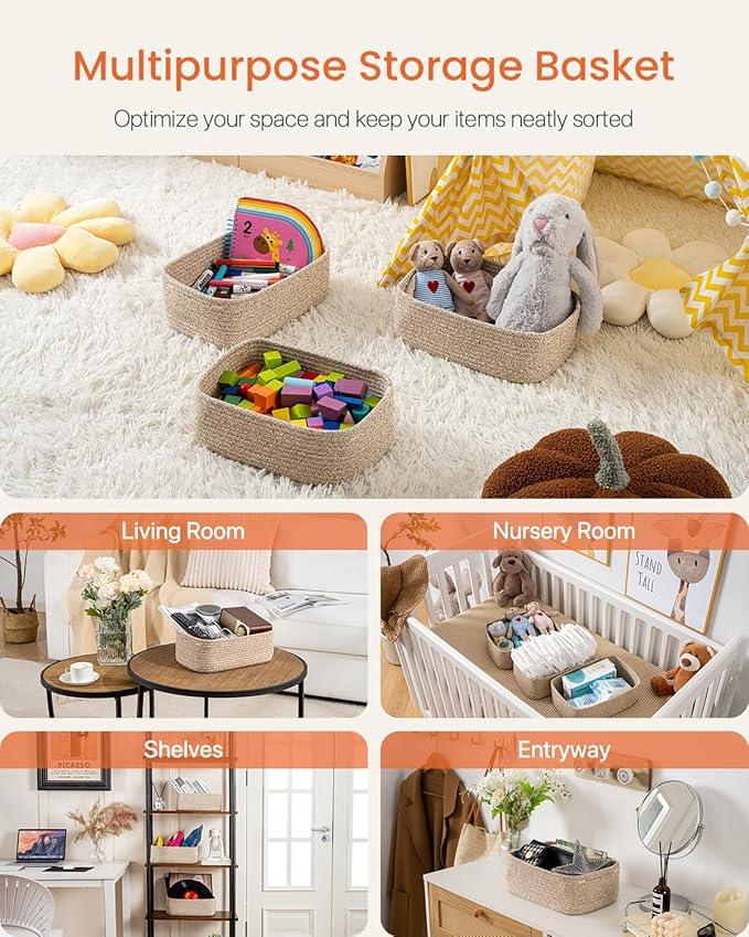 Small Woven Basket, 12 x 8 x 4.5 Inches, Storage Basket for Organizing, Cute Small Rope Shelf Closet Cube Storage Bins Baskets for Shelves, Dog Toy Gift Baskets Empty, 3 Packs, Mixed Brown - ModernBath