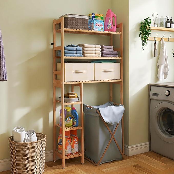 SMIBUY Over The Toilet Storage, Bamboo 6-Tier Bathroom Storage Shelf with Drawers, Freestanding Above Toilet Organizer Rack, Mass-Storage, Space Saver for Small Room (Natural) - ModernBath