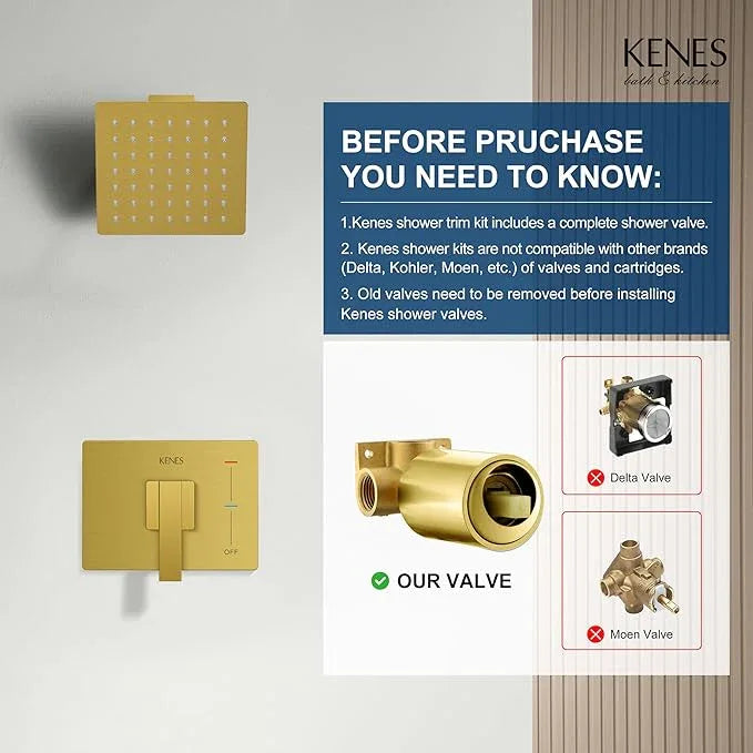 KENES Brushed Gold Shower Faucet, Modern Square 6-Inch Shower Head and Handle Set, Bathroom Rainfall Shower System Wall Mount, KE-6025B-4 (Including Shower Valve) - ModernBath