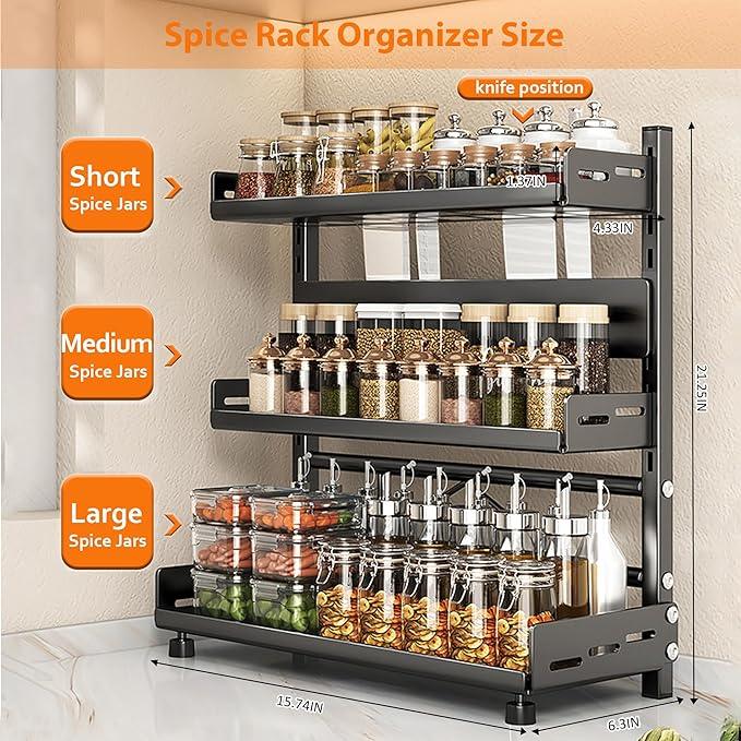 Spice Rack Organizer, 3-Tier Height-Adjustable Kitchen Countertop Spice Organizer Shelf, Metal Rust-Proof Standing Large Seasoning Organizer with Guardrail & Knife Block for Kitchen Bathroom - ModernBath