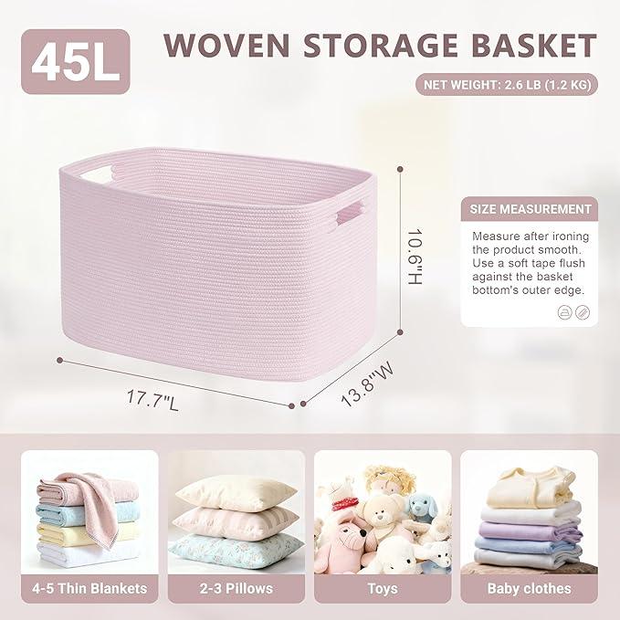 45L Small Baby Girls Laundry Basket for Nursery Storage,Cute Woven cotton Rope Baskets for Kids Toy，Gifts, Boho Square Wicker Blanket hamper for Living Room,Bedroom Dirty Clothes,Pink - ModernBath