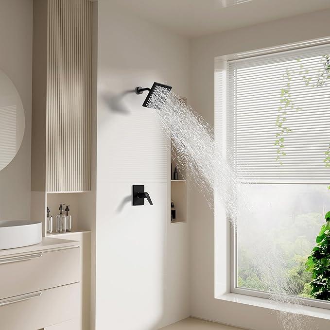 Lavatrum Premium Shower Head and Valve Set Wall Mount 8 Inch Rainfall Square Shower Faucet Single Spray with Rough-in Valve and Trim Kit for Bathroom(Matte Black) - ModernBath