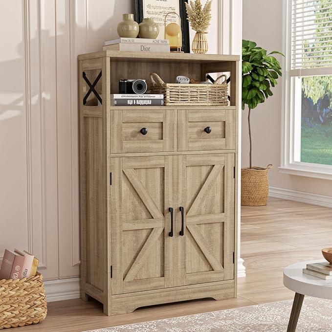 Natural Storage Cabinet with Doors and Shelves, Standing Kitchen Pantry Cabinet, Floor Storage Hutch Cupboard, Coffee Bar Station for Dining, Living Room, Home Office - ModernBath