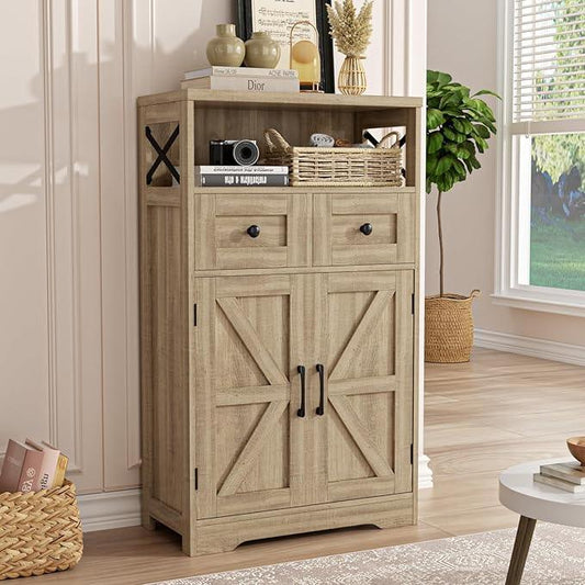 Natural Storage Cabinet with Doors and Shelves, Standing Kitchen Pantry Cabinet, Floor Storage Hutch Cupboard, Coffee Bar Station for Dining, Living Room, Home Office - ModernBath