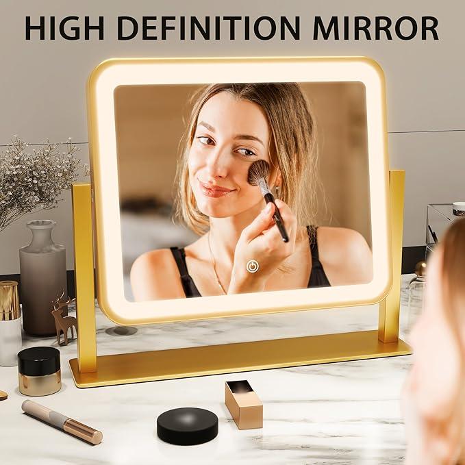 ROLOVE Gold Lighted Makeup Mirror, 14"x12" Vanity Mirror with Smart Touch Control, 3-Color Dimmable Lighting, 360° Rotation for Desk or Bedroom - ModernBath