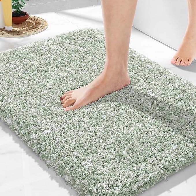 Yimobra Bathroom Rugs for Home Essentials, Non Slip Washable Bath Mat, Soft Water Absorbent Plush Shower Rug for Bathroom Floor, Bath Decor Accessories, 24x17, Light Green White - ModernBath