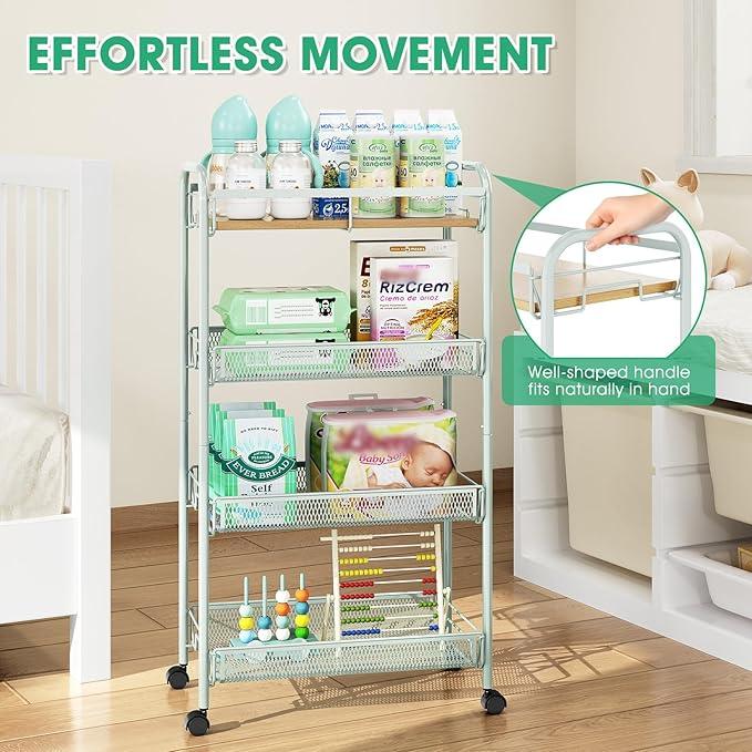 TOOLF 4-Tier Rolling Cart, Metal Utility Cart, Slide Out Storage Cart with Wooden Tabletop and Mesh Baskets for Narrow Space on Kitchen Bathroom Laundry Room Bedroom Apartments Dormitory (Green, Wide) - ModernBath
