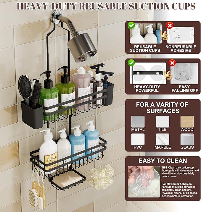 STAHLHEART Shower Caddy Hanging for Bathroom Organizers and Storage,3 Tier Adjustable Anti-Swing Shower Organizer Hanging with Heavy-Duty Suction Cups, Damage-Free Rustproof (Black) - ModernBath