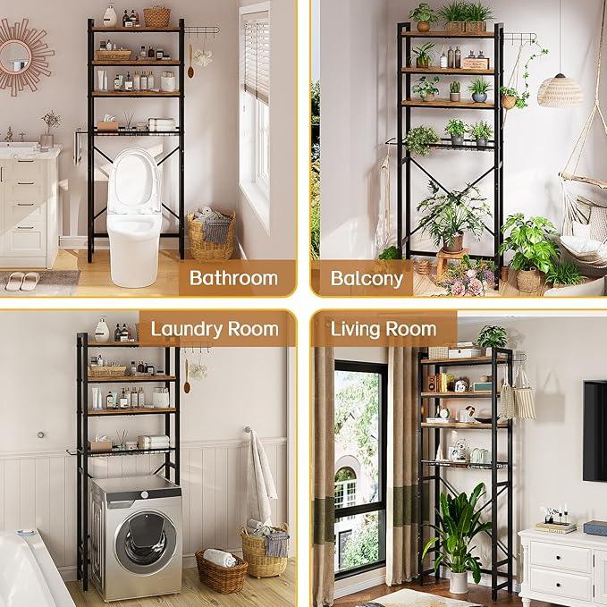 Over-The-Toilet Storage Rack, 4 Tier Bathroom Shelf Organizer Over Toilet with Adjustable Shelves, Basket, Hooks, Paper Holder, Quick Interlock Install & Water-Resistant Shelves (Vintage Brown) - ModernBath