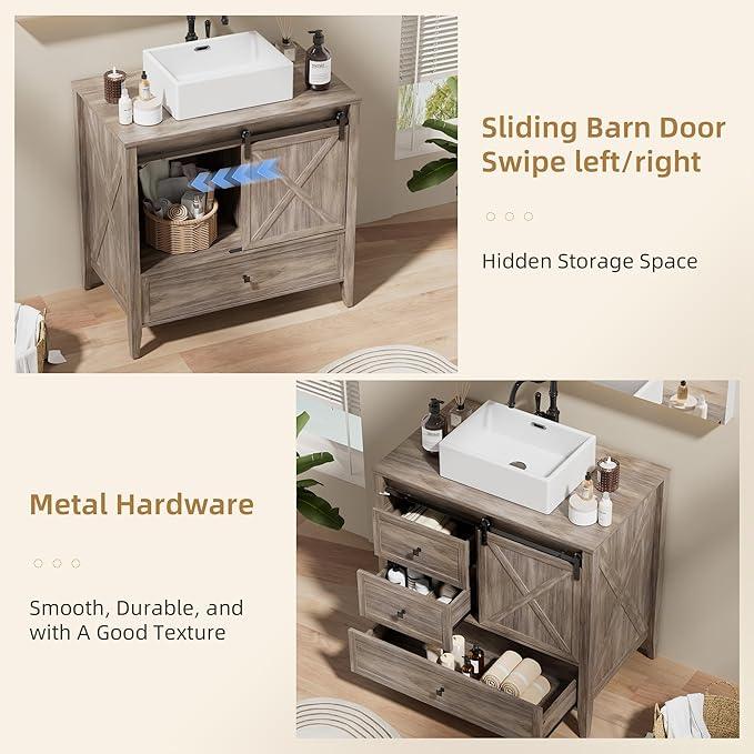 VNN Bathroom Vanity with Sink - 36 Inch Bathroom Vanity with Sink Ceramic, Freestanding Cabinet with Farmhouse Sliding Barn Door and 3 Drawers, Space-Saving Storage Cabinet, Wood Grain Texture, Grey - ModernBath