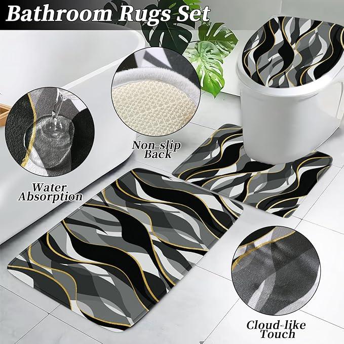 XLHOMO Bathroom Set - Black and Gold Bathroom Accessories, Bathroom Sets with Shower Curtain and Rugs, Black Shower Curtain Set with Bathroom Trash Can, Soap Dispenser, Soap Dish for Home Decor - ModernBath