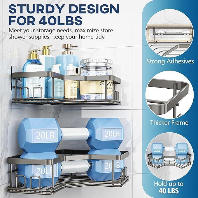 MAXIFFE 3 Pack Corner Shower Caddy with Soap Holder, Large Capacity Sturdy Easy Install No Drilling Stainless Steel Hold 40 LBS Shower Organizer Shelves Rack Storage for Family Renters Bathroom, Grey - ModernBath