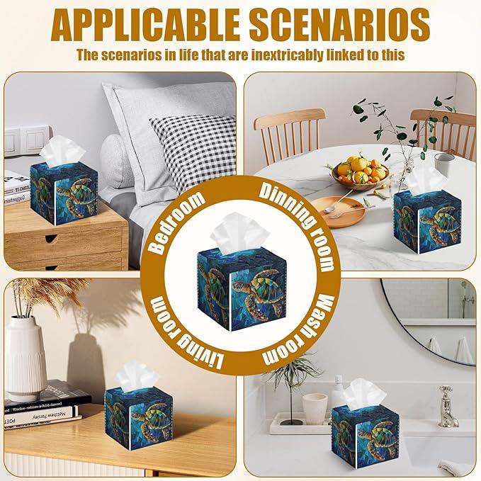 Glass Sea Turtle Tissue Box Cover 2PCS, Leather Tissue Box Holder Square Facial Paper Case Tissue Box Cube Organizer for Bathroom Bedroom Desk Office - ModernBath