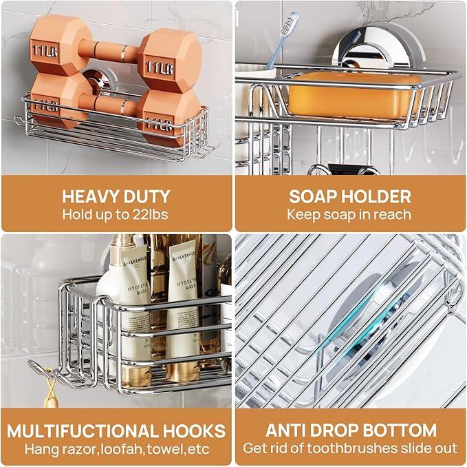 LEVERLOC Shower Caddy Suction Cup, 3 Pack Heavy Duty Bathroom Organizer For Inside Shower With Hooks & Soap Holder, Removable Bathroom Organizer, Rustproof Silver Holder Storage Storage,Silver - ModernBath