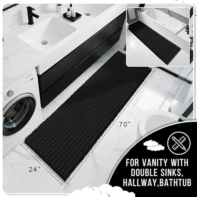 Yimobra Bathroom Runner Rug 70x24 Inch - Extra Long Non Slip Chenille Bath Mat, Soft & Absorbent, Machine Washable Shaggy Hallway Carpet for Vanity Tub Shower, Black Home Decor Accessories - ModernBath