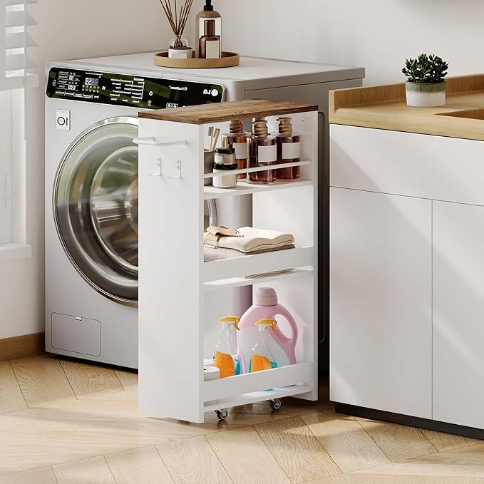 ChooChoo 4-Tier Slim Storage Cart with Handle, 7.87" W Rolling Utility Cart on Universal Wheels, Kitchen Cart Mobile Shelving Organization for Laundry Room, Bathroom & Narrow Places (Walnut & White) - ModernBath