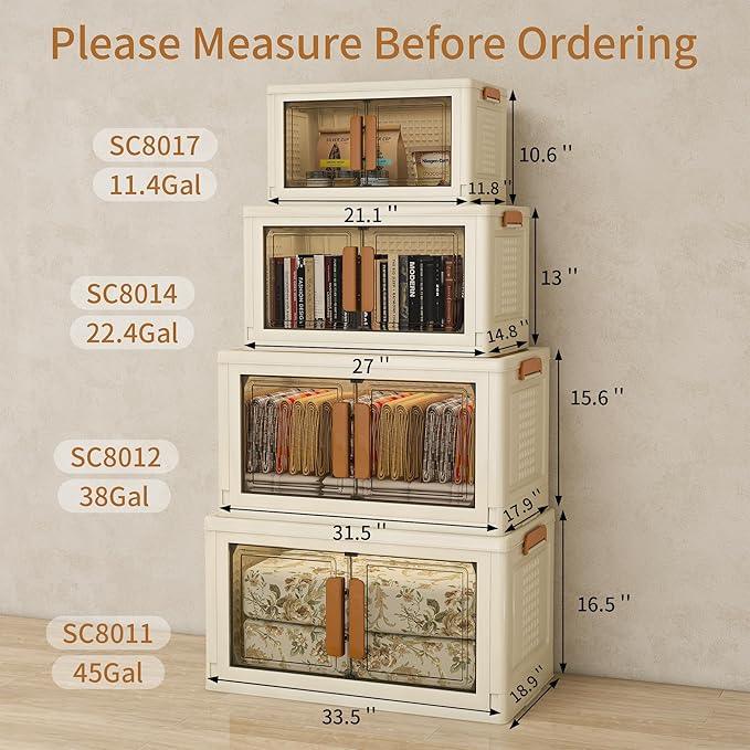Plastic Stackable Storage Bins with Lids and Wheels, 180QT-45QT*4Tier Foldable Closet Organizers and Containers, Collapsible Clear Drawer Storage Cabinet with Doors Ivory White - ModernBath